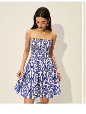 NWT COMMENSE Strapless Blue & White Printed  Dress
